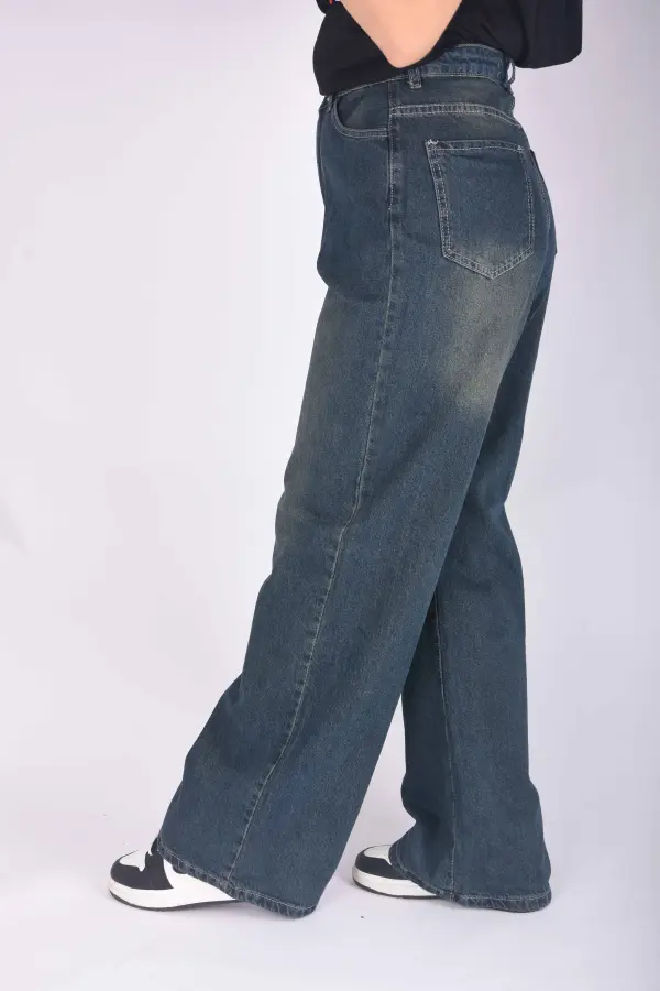 Wide Leg High Waist Long Jeans Bleu Vert